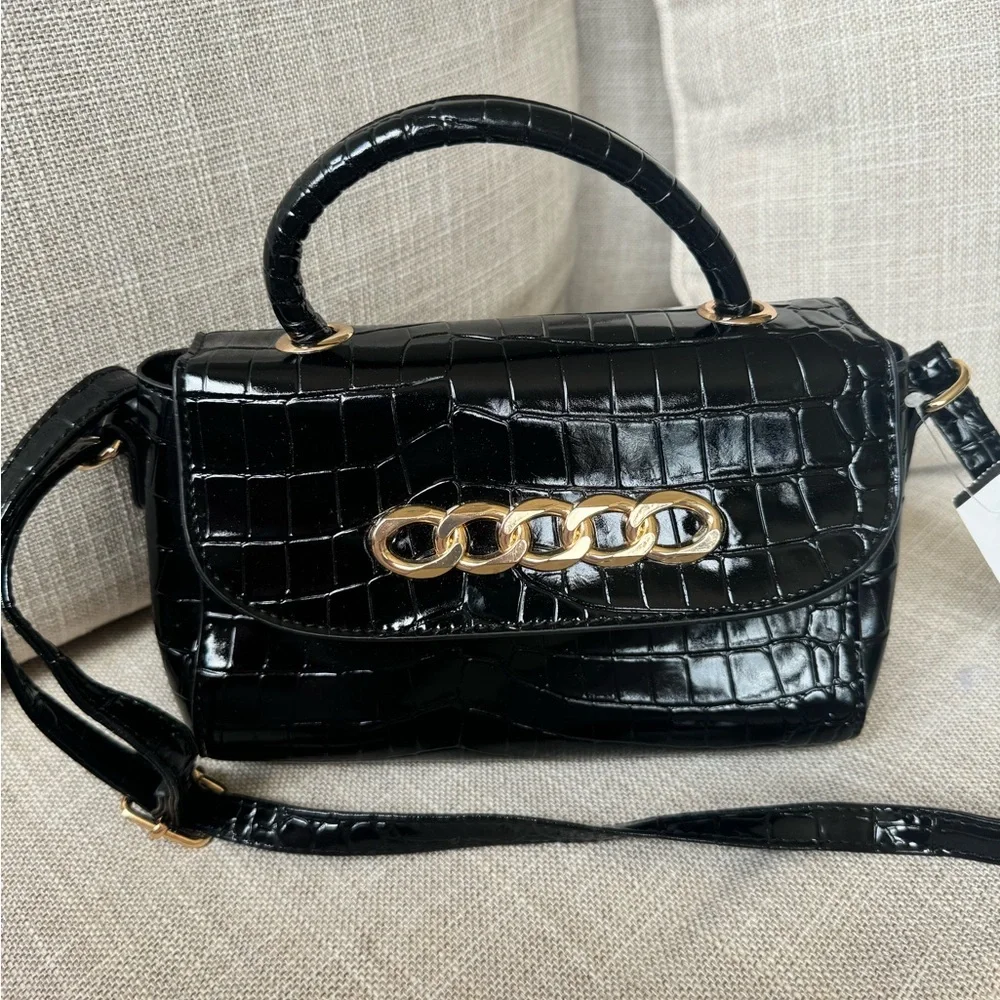 Black croc embossed crossbody bag with top handle - Picture 7 of 10